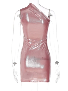 Detail showing metallic pink one-shoulder bodycon dress with shiny reflective fabric texture