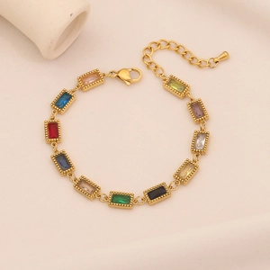 Exotic gold plated stainless steel bracelet with colorful zircon stones and droplet charms
