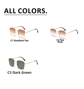 Three metal square sunglasses in gradient tea, tea pink, and dark green lens colors