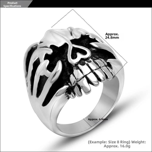 Detail view of retro skull ring with dimensions 24.8mm height and 16.0g weight