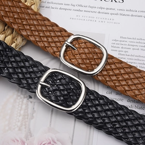Women's woven PU leather belt set in black and brown with square silver buckles
