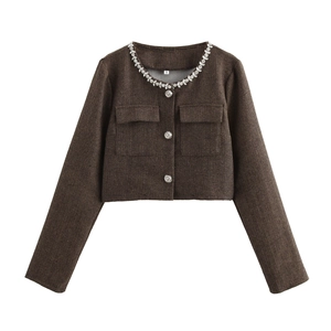 Veste Courte Femme Motif Chevrons Avec Strass Col Rond Tweed Blazer Manches Longues Manteau Simple Boutonnage