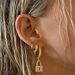 18K gold plated square lock pendant earrings set with sparkling cubic zirconia stones