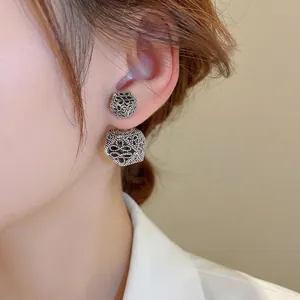 Baroque style S925 silver hollow floral drop earrings for women on side profile view