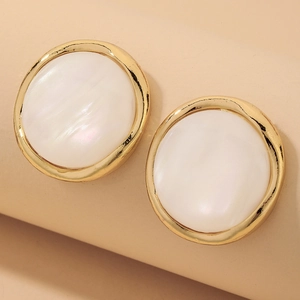 Round Stud Earrings With Resin Inlay Alloy Gold Plated And 925 Sterling Silver Earring Post Vintage French Style Women