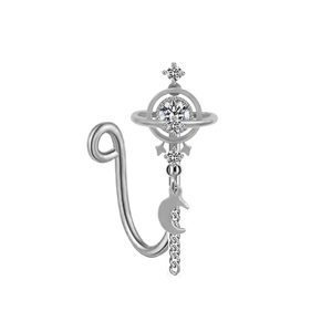 Close-up of silver U-shaped nose clip featuring star and moon pendants with tassels