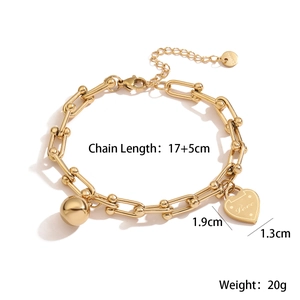 Gold stainless steel heart charm bracelet with Love engraving and chain dimensions