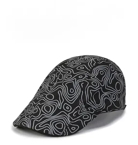 Close-up of stylish men's wool flat cap featuring unique white contour line patterns