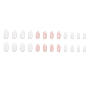 Lange ovale weiße Kunstnägel mit zarten Blumenmustern im 24-teiligen Press-on-Nagelset
