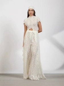 White floral lace two-piece set featuring cropped short sleeve top and wide leg pants