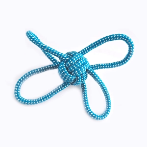 Blue and white braided cotton rope dog toy with ball and loop for fetch and tug play