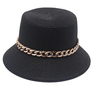 Classic black woven straw bucket hat featuring a chic thick golden chain link decoration