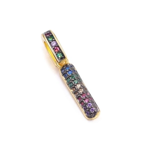 Golden vertical bar pendant set with colorful rainbow cubic zirconia stones
