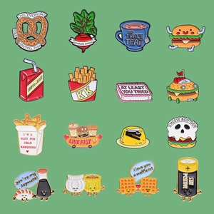 Set of 16 colorful food enamel pins including burger and fries on green background