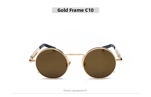Front view of retro steampunk sunglasses with gold metal frames and brown lenses C10
