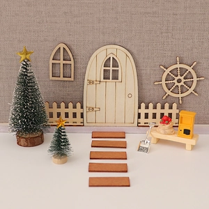 Miniatur Weihnachtsbaum Holz Tür Fenster Dekoration DIY Puppenhaus Szene Zubehör Feengarten Ornamente Urlaub Wohnkultur