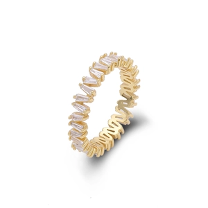 Detailed close-up of golden eternity ring featuring rectangular white zircon stones