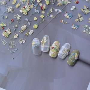 Detailed 5D embossed nail stickers featuring rabbit fairy, wild flowers, and berries