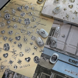 Retro Gothic Relief Nail Art Stickers Heart Star Moon Cross Pattern Metallic Texture Self Adhesive Decals For DIY