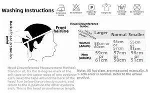 Size chart and washing instructions for winter knit beanies with head measurement guide