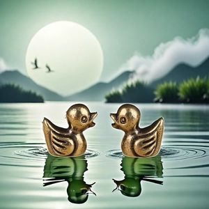 Antique brass duck figurines set on a reflective lake with misty moonlit background