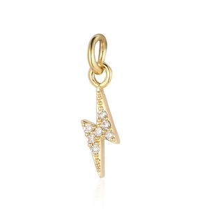 Detailed view of lightning bolt charm with sparkling zircons in gold plating