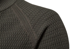 Detail of high-density knit texture and shoulder seam on this premium men cardigan