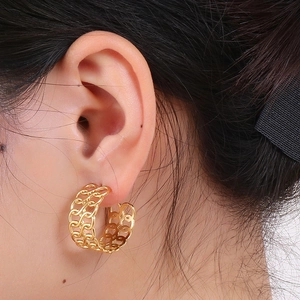Retro hollow mesh gold plated titanium steel hoop earrings worn on a model