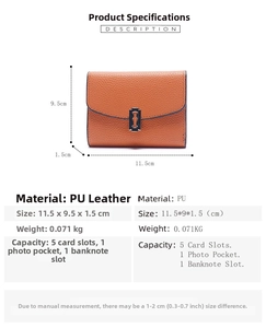 Brown lychee grain PU leather wallet detail showing dimensions 11.5x9.5x1.5cm and card slots