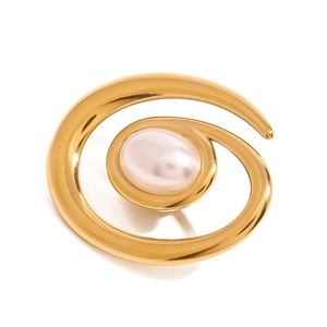 Elegant 18k gold plated spiral brooch with a soft pink pearl center on white background