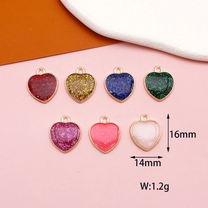 Detailed view of colorful glitter heart charms with 16mm x 14mm size and weight specs