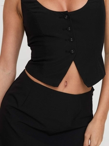 Women's chic black slim-fit vest set with deep V-neck and button closure details