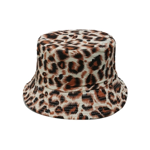 Close-up of leopard print bucket hat showing detailed reinforced stitching on the brim