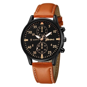 Men's fashion quartz watch with brown leather strap and black chronograph dial
