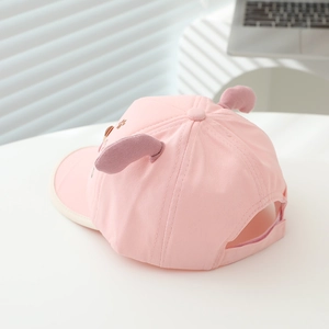 Pink kids baseball cap with cute animal ears and beige brim trim detail view