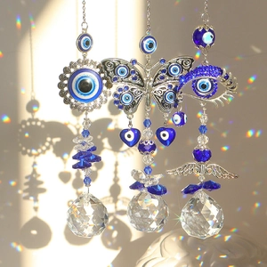 Evil Eye Crystal Suncatcher Hanging Ornament Turkish Nazar Rainbow Maker Garden Window Decor Silver Metal Butterfly Prism