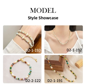 Detail view of natural stone pearl and colorful glass beaded necklace and bracelet set