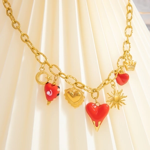 Collier à Pendentifs Multiples en Acier Inoxydable pour Femme Plaqué Or 18K Cœur Soleil Lune Couronne Chaîne Émaillée