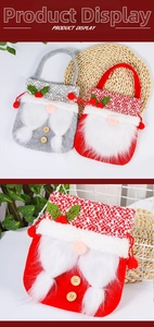 Close-up of gnome Christmas gift bags featuring felt fabric and plush beard details