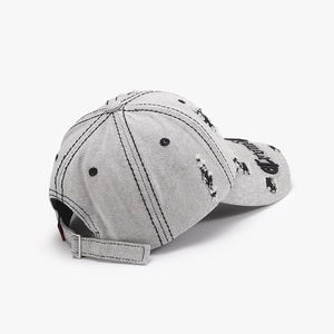 Distressed vintage denim baseball cap with gothic embroidery and adjustable metal buckle