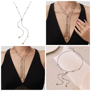 Vues détaillées du collier en Y bicolore or et argent avec élégants zircons pavés
