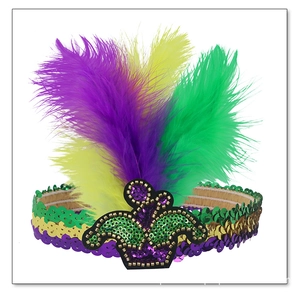 Close-up of Mardi Gras feather headband with purple, green and gold sequins and beads