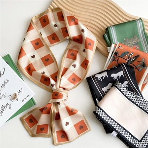 Long silk scarf with checkerboard heart pattern for neck or bag decoration