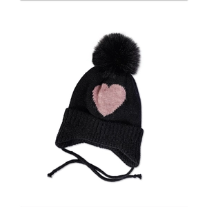 Detailed knit texture and pink heart pattern on black winter hat with faux fur pom
