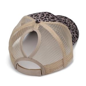 Detail of high ponytail opening and breathable mesh on leopard print baseball cap