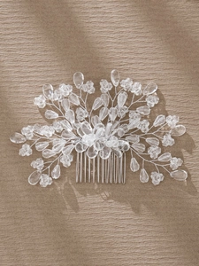 Detailed view of silver wire handmade crystal bridal hair comb with elegant pearl beads