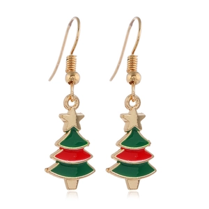 Detailed close-up of Christmas tree earrings with green and red enamel and gold trim