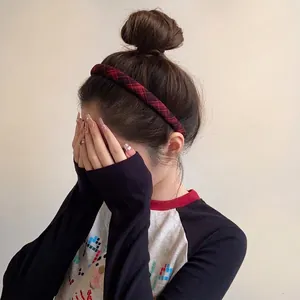 Classic red and black tartan plaid thin headband for women in preppy style fashion