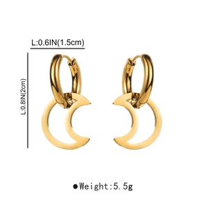 Close-up of gold moon hoop earrings with 1.5cm width and 2cm height specifications