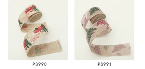 Detail of Christmas burlap ribbons featuring rustic truck and tree prints for gift wrapping